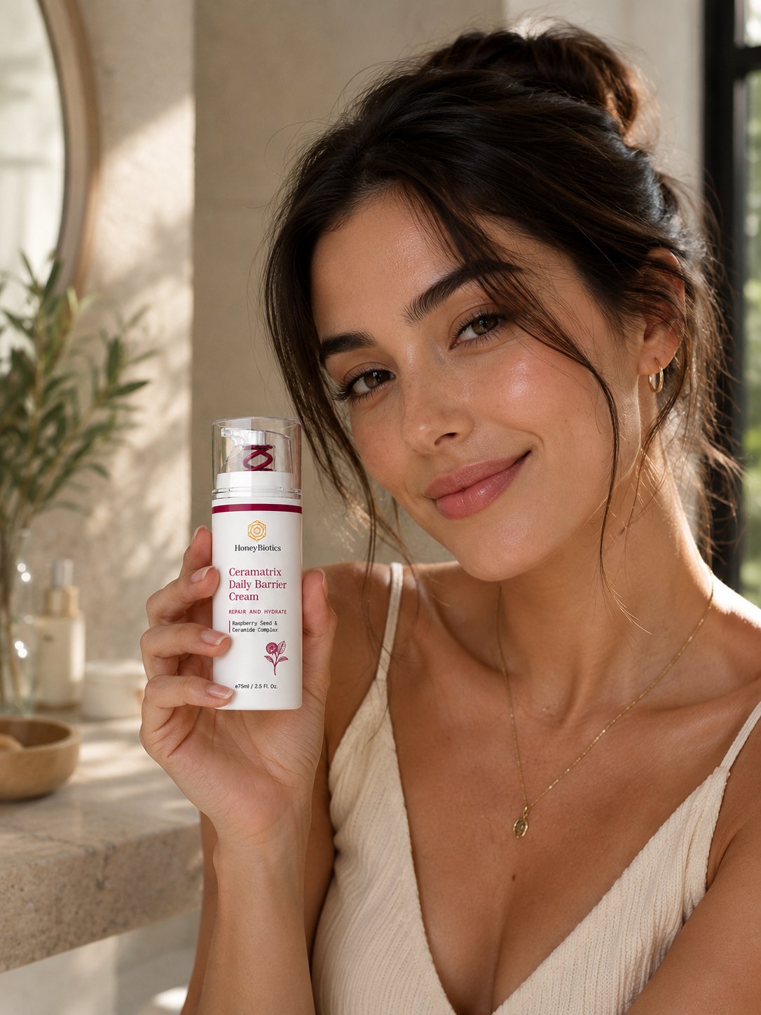 Woman holding the Ceramatrix Daily Barrier Cream — a moment of calm in a sunlit bathroom
