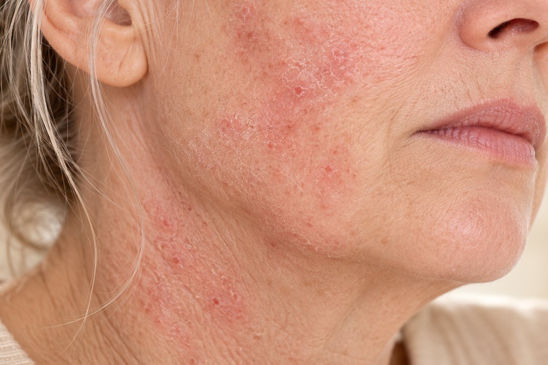 Close-up of a woman's face with a recurring eczema flare-up on the cheek and jaw