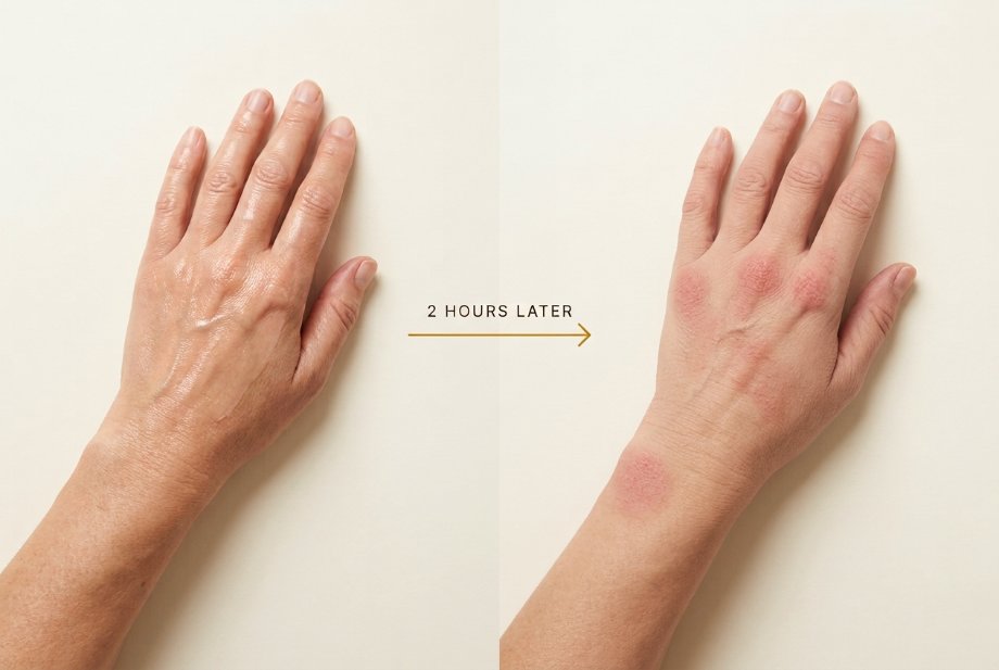 The same hand freshly moisturised and again two hours later, dry