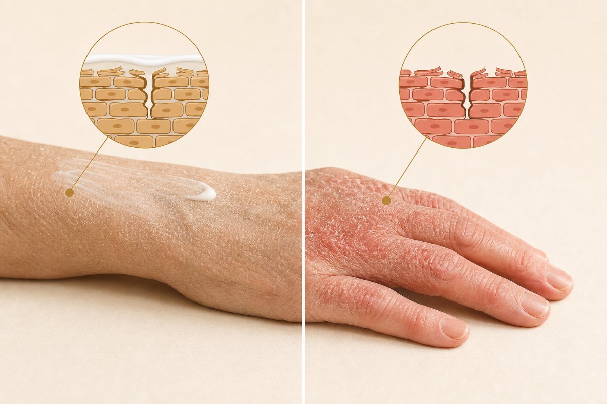 A steroid cream being applied to an eczema flare on the hand