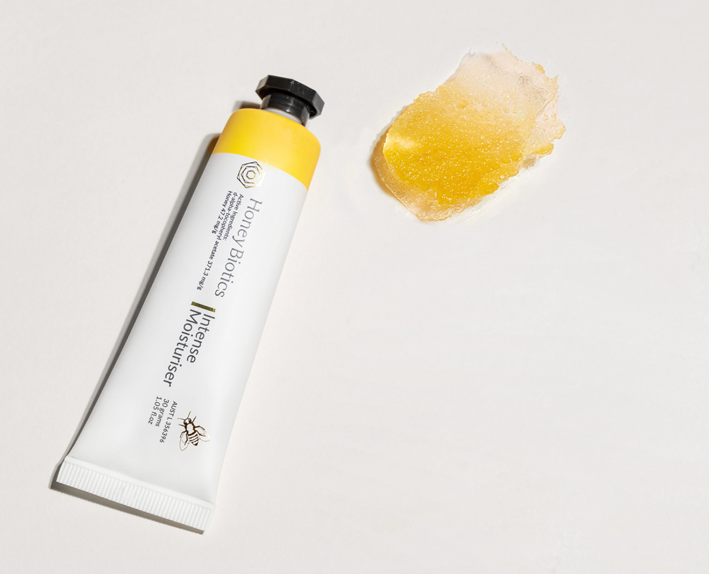 The Intense Moisturiser tube beside a smear of the balm